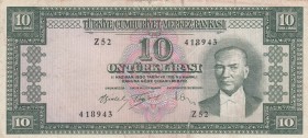 Turkey, 10 Lira, 1960, FINE, p159 , 
There are slit at the bordure level, pressed, Serial Number: Z52 418943
Estimate: 10-20 USD