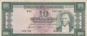 Turkey, 10 Lira, 1961, VF, p160, 
pressed Serial Number: Z63 298790
Estimate: 15-30 USD