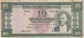Turkey, 10 Lira, 1961, POOR, p160, 
 Serial Number: Z45 262226
Estimate: 10-20 USD