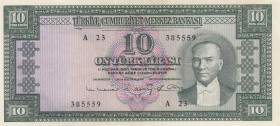 Turkey, 10 Lira , 1963, UNC, p161, 
 Serial Number: A23 385559
Estimate: 300-600 USD