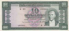 Turkey, 10 Lira , 1963, XF, p161, 
Pressed Serial Number: A03 195861
Estimate: 30-60 USD
