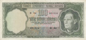 Turkey, 100 Lira, 1969, VF, p182, 
pressed, Serial Number: D04 051316
Estimate: 15-30 USD