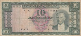 Turkey, 10 Lira, 1963, POOR, p161, 
 Serial Number: A32 374282
Estimate: 10-20 USD