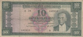 Turkey, 10 Lira, 1963, POOR, p161, 
 Serial Number: A26 195925
Estimate: 10-20 USD