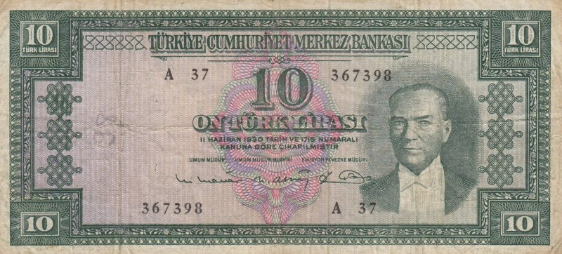 Turkey, 10 Lira, 1963, VF, P161, 
 Serial Number: A37 367398
Estimate: 10-20 U...