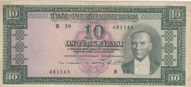 Turkey, 10 Lira, 1963, VF, p161, 
pressed Serial Number: B30 481143
Estimate: 10-20 USD