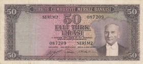 Turkey, 50 Lira, 1953, VF, p163, 
Pressed, Serial Number: M2 087209
Estimate: 50-100 USD
