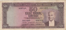 Turkey, 50 Lıra, 1953, FINE, p163, 
 Serial Number: K9 091469
Estimate: 25-50 USD