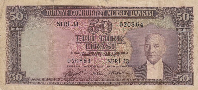 Turkey, 50 Lira, 1953, POOR, p163, 
rare "J" prefix, Serial Number: J3 020864
...