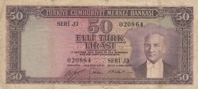 Turkey, 50 Lira, 1953, POOR, p163, 
rare "J" prefix, Serial Number: J3 020864
Estimate: 25-50 USD