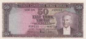 Turkey, 50 Lira, 1957, UNC(-), p165, 
 Serial Number: Z19 058233
Estimate: 2000-4000 USD