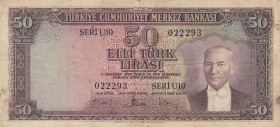 Turkey, 50 Lira, 1957, FINE, p165, 
there are stains on the banknote, Serial Number: U10 022293
Estimate: 15-30 USD