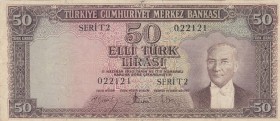 Turkey, 50 Lira, 1957, FINE, p165, 
there are little slits., Serial Number: T2 022121
Estimate: - USD