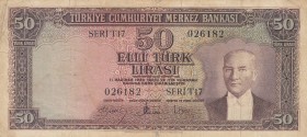 Turkey, 50 Lira, 1957, POOR, p165, 
 Serial Number: T17 026182
Estimate: 10-20 USD