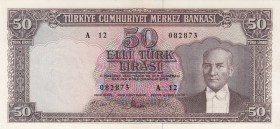 Turkey, 50 Lira, 1960, AUNC, p166, 
Natural Serial Number: A12 082873
Estimate: 750-1500 USD