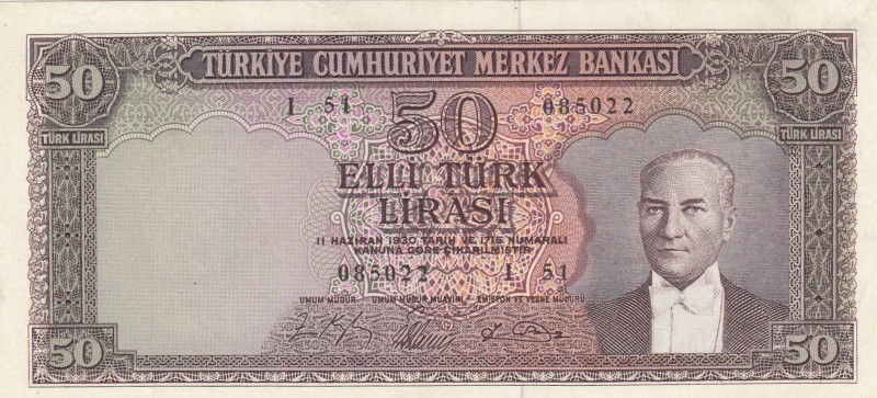 Turkey, 50 Lira, 1964, XF, p175, 
pressed, Serial Number: I51 085022
Estimate:...