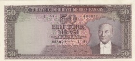 Turkey, 50 Lira, 1964, XF, p175, 
pressed, Serial Number: I51 085022
Estimate: 25-50 USD