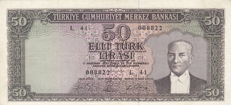 Turkey, 50 Lira, 1964, FINE, p175a, 
pressed, Serial Number: L41 008822
Estima...