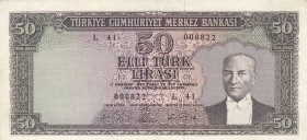 Turkey, 50 Lira, 1964, FINE, p175a, 
pressed, Serial Number: L41 008822
Estimate: 10-20 USD