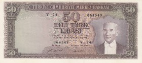 Turkey, 50 Lira, 1971, AUNC, p187A, 
Kemal Atatürk portraid. , Serial Number: V24 064549
Estimate: 25-50 USD