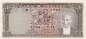 Turkey, 50 Lira, 1971, XF, p187A, 
natural Serial Number: U01 077032
Estimate: 20-40 USD