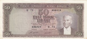 Turkey, 50 Lira, 1971, XF, p187A, 
natural Serial Number: U72 080529
Estimate: 20-40 USD