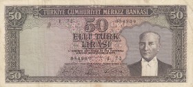 Turkey, 50 Lira, 1971, FINE, p187A, 
 Serial Number: I72 054909
Estimate: 10-20 USD