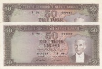 Turkey, 50 Lira, 1971, XF, p187A, total 2 adet banknot
 Serial Number: S01 059407, S90 044809
Estimate: 50-100 USD