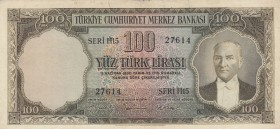 Turkey, 100 Lira, 1956, VF, p168, 
, Serial Number: H15 27614
Estimate: 50-100 USD