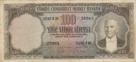 Turkey, 100 Lira, 1956, FINE, p168, 
There are slit at the bordure level , Serial Number: İ16 25963
Estimate: 40-80 USD