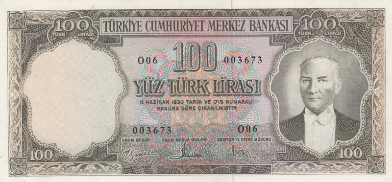 Turkey, 100 Lira, 1958, AUNC, p169
Lightly pressed, Serial Number: O6 003673
E...