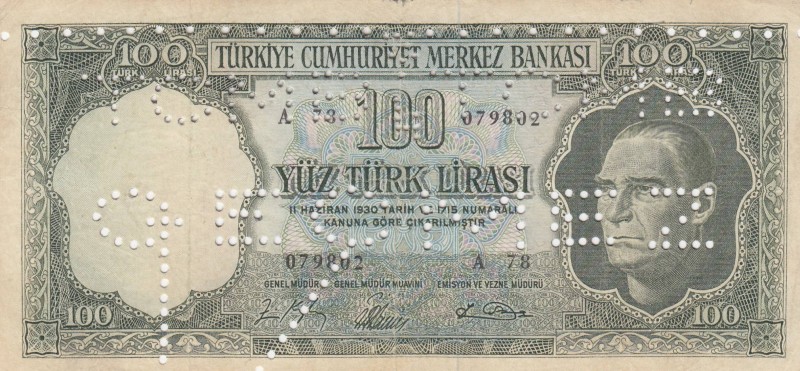 Turkey, 100 Lira, 1964, VF, p177, CANCELLED
 Serial Number: A78 079802
Estimat...