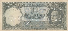 Turkey, 100 Lira, 1964, VF, p177, CANCELLED
 Serial Number: A78 079802
Estimate: 25-50 USD