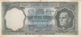 Turkey, 100 Lira, 1964, FINE, p177, 
There are slit at the bordure level , Serial Number: A72 094480
Estimate: 10-20 USD