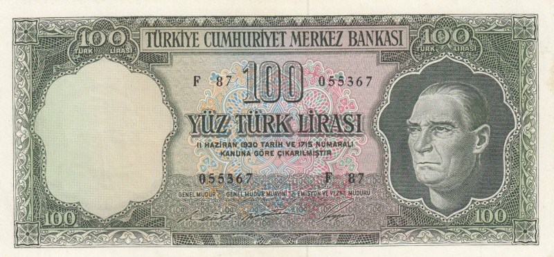 Turkey, 100 Lira, 1969, AUNC/UNC, p182, 
 Serial Number: F87 055367
Estimate: ...