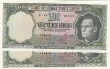 Turkey, 100 Lira, 1969, UNC, p182, (Total 2 consecutive banknotes)
 Serial Number: G44 065419-20
Estimate: 1500-3000 USD