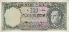 Turkey, 100 Lira, 1969, FINE, p182, 
pressed, Serial Number: G31 028107
Estimate: 15-30 USD