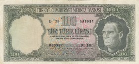 Turkey, 100 Lira, 1969, VF, p182, 
 Serial Number: D28 053987
Estimate: 15-30 USD