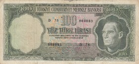 Turkey, 100 Lira, 1969, VF (-), p182, 
 Serial Number: D75 008083
Estimate: 10-20 USD