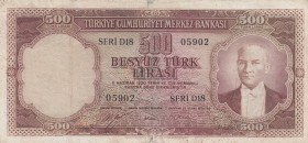 Turkey, 500 Lira, 1953, POOR, p170, 
 Serial Number: D18 05902
Estimate: 25-50 USD