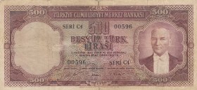 Turkey, 500 Lira, 1953, FINE, p170, 
 Serial Number: C4 00596
Estimate: 50-100 USD
