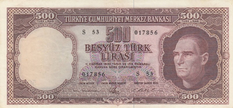 Turkey, 500 Lira, 1962, AUNC, p170, 
natural, Serial Number: S53 017856
Estima...