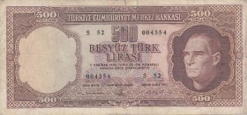 Turkey, 500 Lira, 1962, POOR, p178, 
 Serial Number: S52 004354
Estimate: 15-30 USD