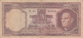 Turkey, 500 Lira, 1962, POOR, p178, 
 Serial Number: R03 014133
Estimate: 20-40 USD