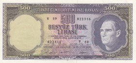 Turkey, 500 Lira, 1968, UNC, p183, 
 Serial Number: V59 022316
Estimate: 300-600 USD
