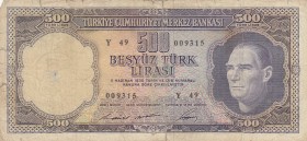 Turkey, 500 Lira, 1968, POOR, p183, 
 Serial Number: Y49 009315
Estimate: 10-20 USD