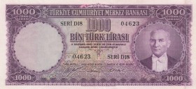 Turkey, 1.000 Lira, 1953, XF, p172, 
Banknote is in CIL condition. On the right, however, the banknote was accidentally cut through the 1 cm opening ...