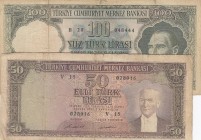 Turkey, 50 Lira and 100 Lira, 1964/1971, POOR, p187A, p177, (Total 2 banknotes)
 Serial Number: V15 028016 ve B28 048444
Estimate: 10-20 USD