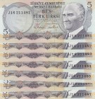 Turkey, 5 Lira, 1976, UNC, p185, total 7 banknotes
Consecutive serial number banknotes, Serial Number: J16 211481-82-83-84-85-86-87
Estimate: 20-40 ...