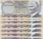 Turkey, 5 Lira, 1976, UNC, p185, total 7 banknotes
Consecutive serial number banknotes, Serial Number: J16 211442-43-44-45-46-47-48
Estimate: 20-40 ...